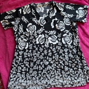 Butter Soft Stretch Black and White Floral Scrub Top